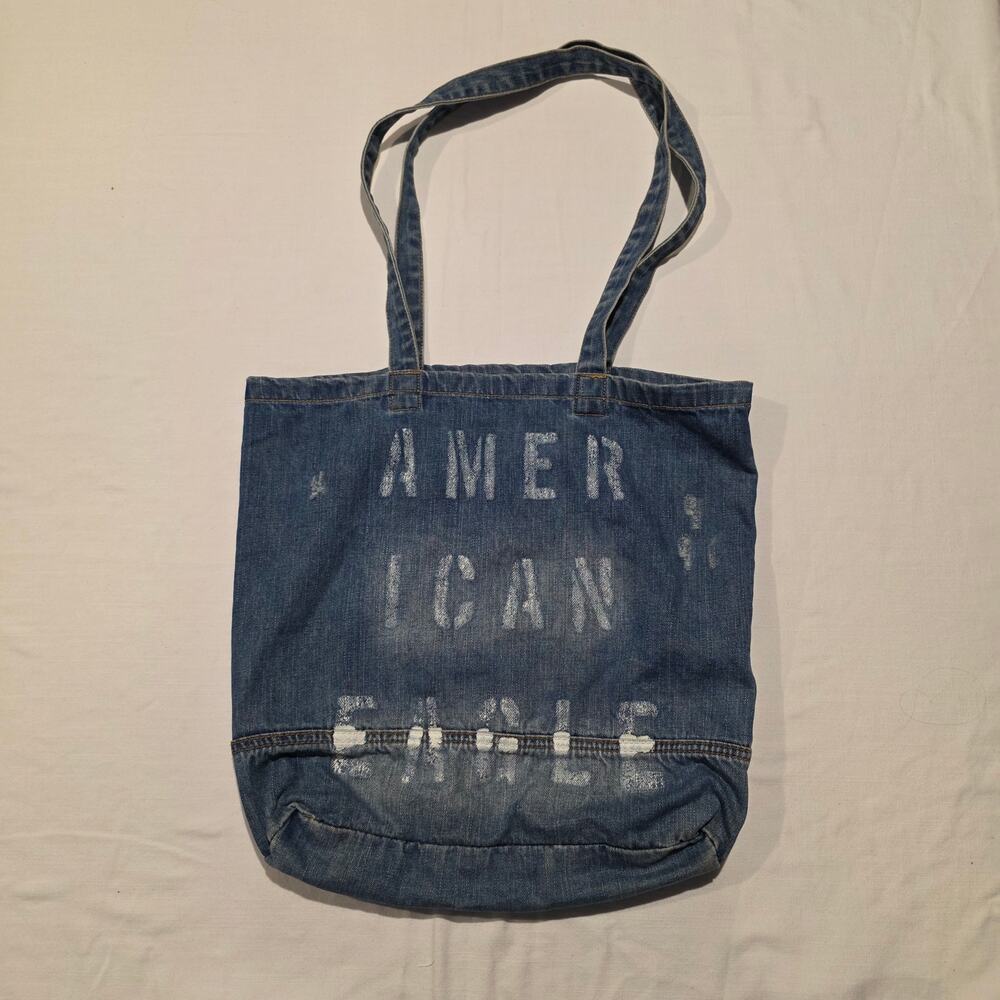 American Eagle Distressed Blue Denim Tote Bag Outfitters Purse Stenciled Letters